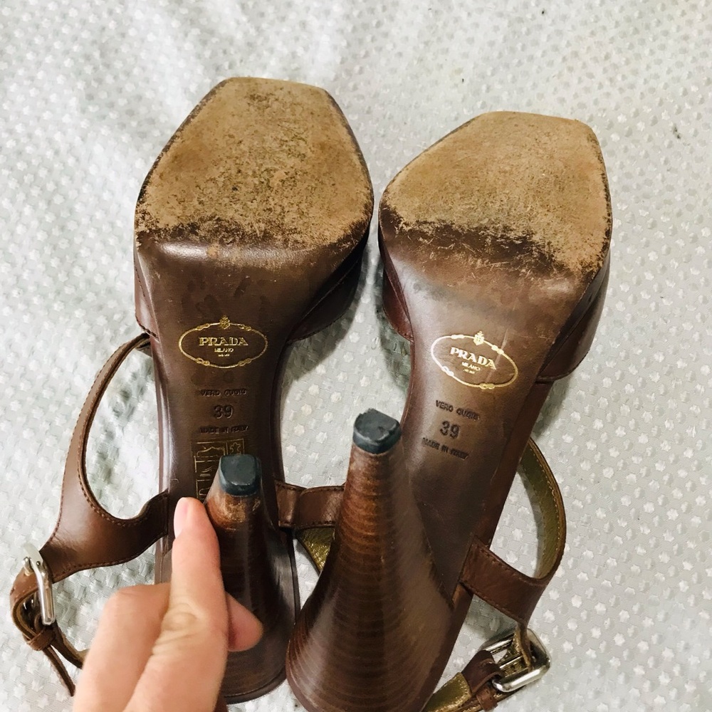 Prada Brown Leather Peep-Toe Slingback Heels - Picture 13 of 15